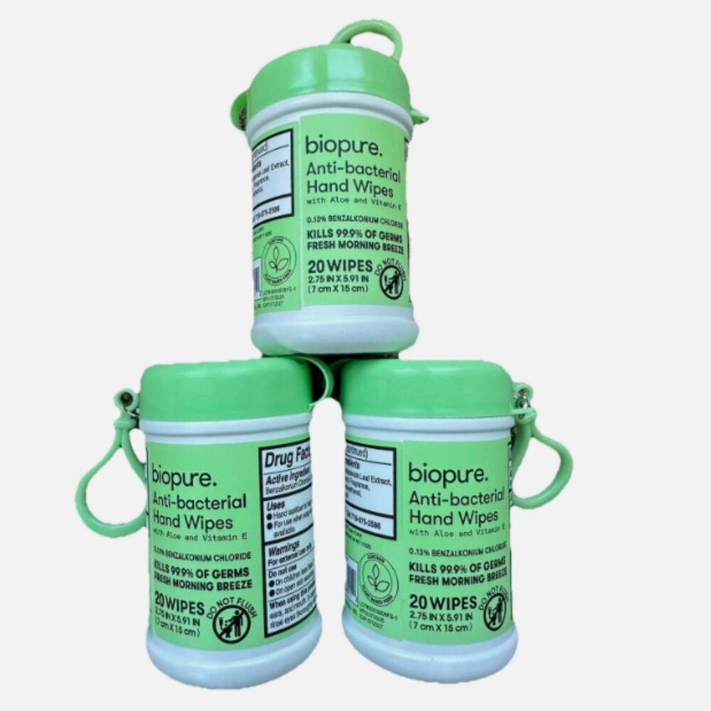 3 Biopure Antibacterial Travel Size Hand Wipes Keychain (Fresh Morning Breeze)